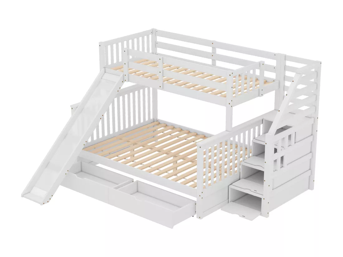 Lits superposés 90 x 200 et 140 x 200 avec tiroirs, espace de rangement et glissière, blanc