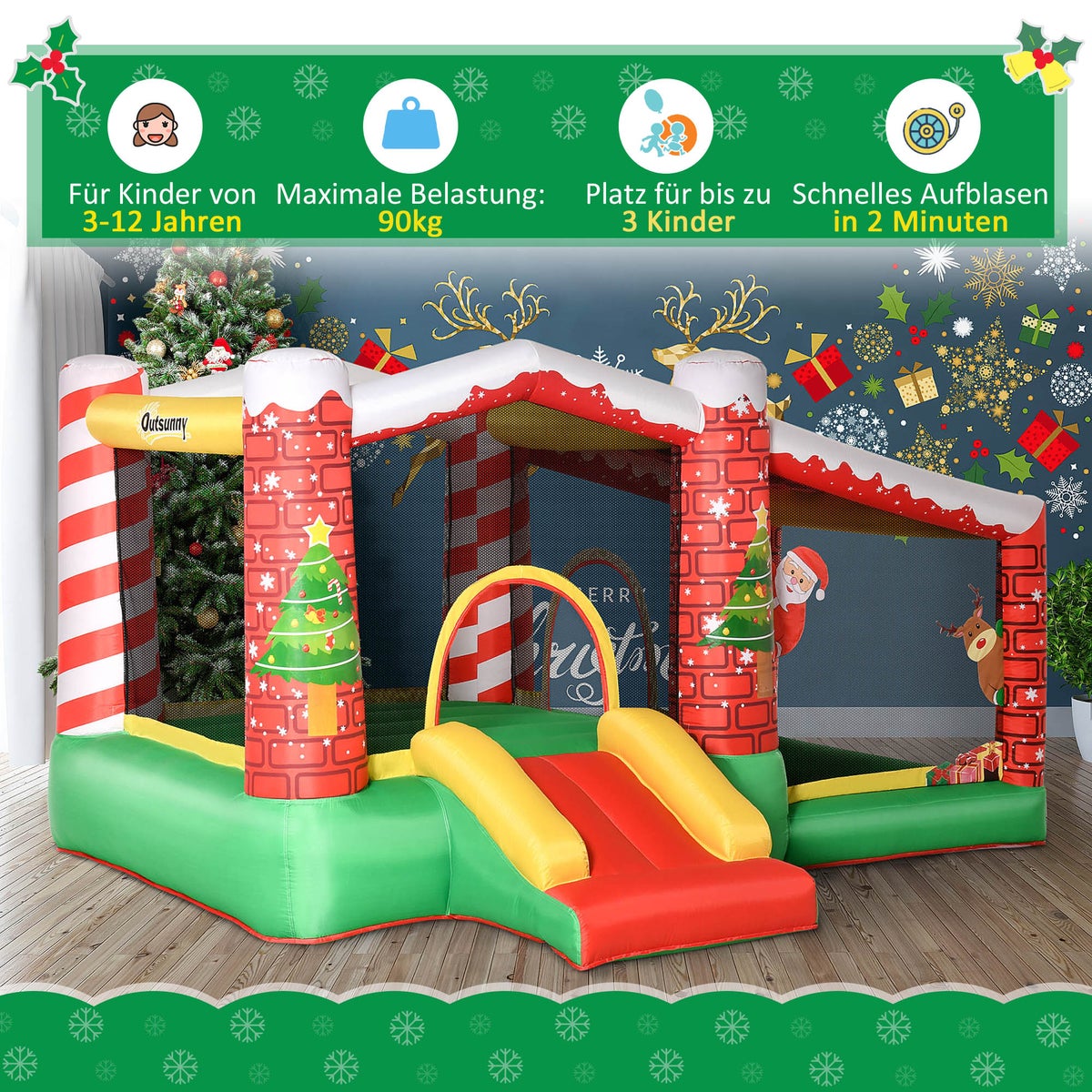Opblaasbaar springkasteel Outsunny, 325 x 270 x 175 cm, Oxford-stof + polyester, rood + groen