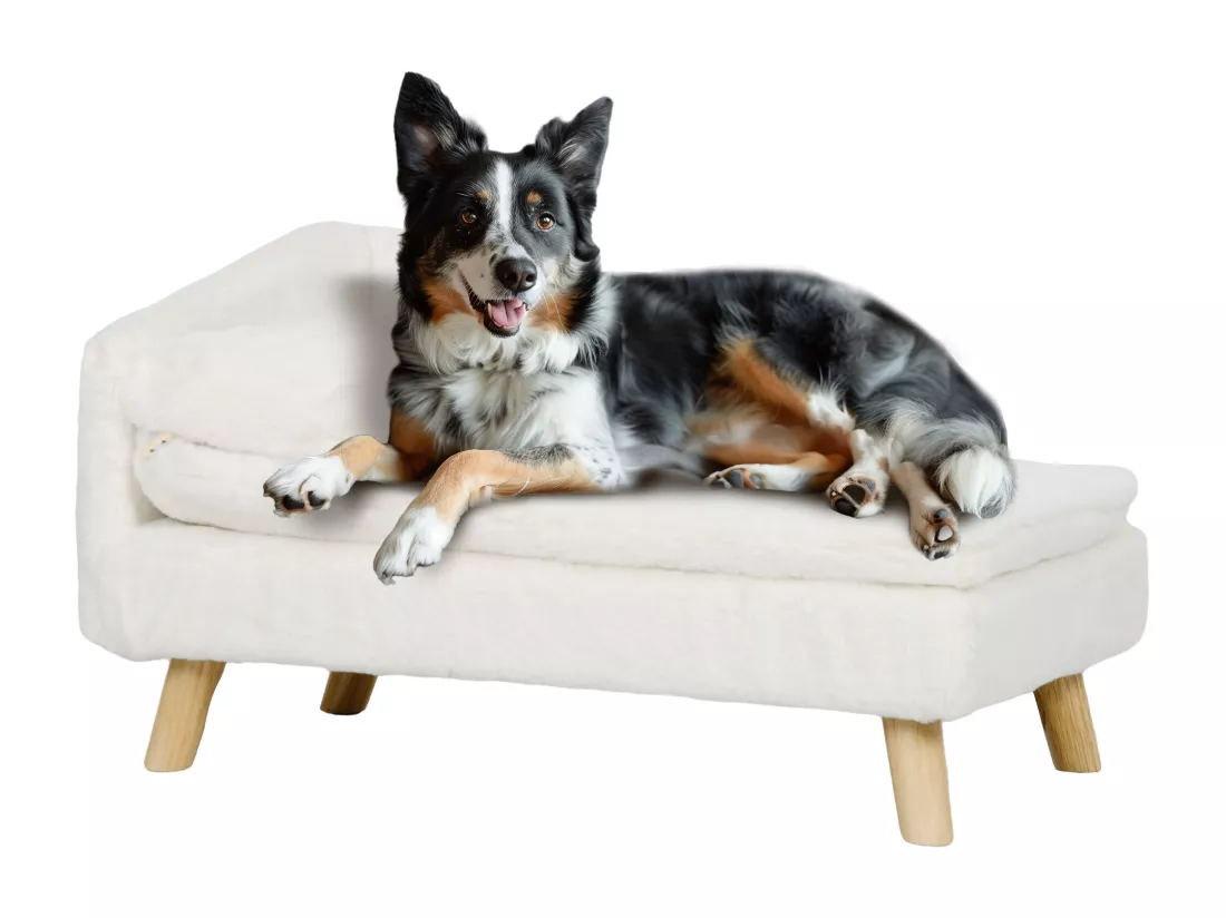 Canapé chien méridienne style scandinave 2 coussins déhoussables bois aspect fourrure crème