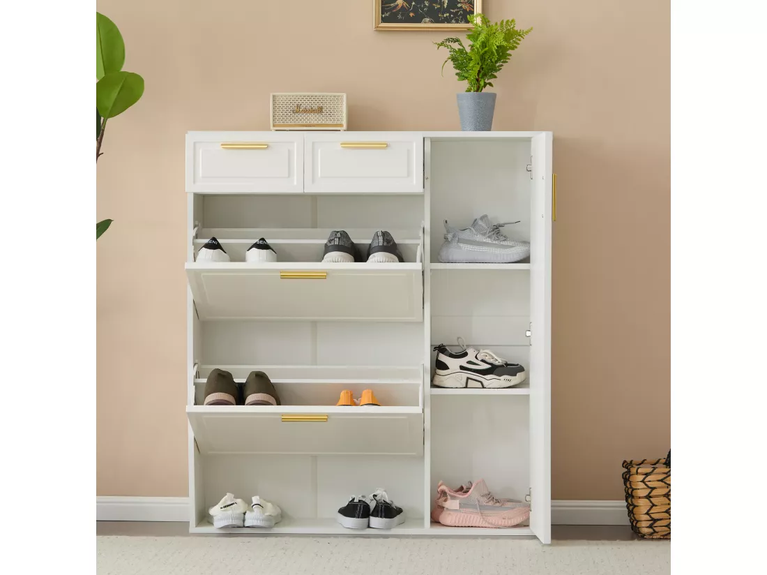 Meuble à chaussures avec 3 portes et 2 tiroirs - 95 x 24 x 107.5 cm - Etagères réglables - Panneau de particules - Blanc