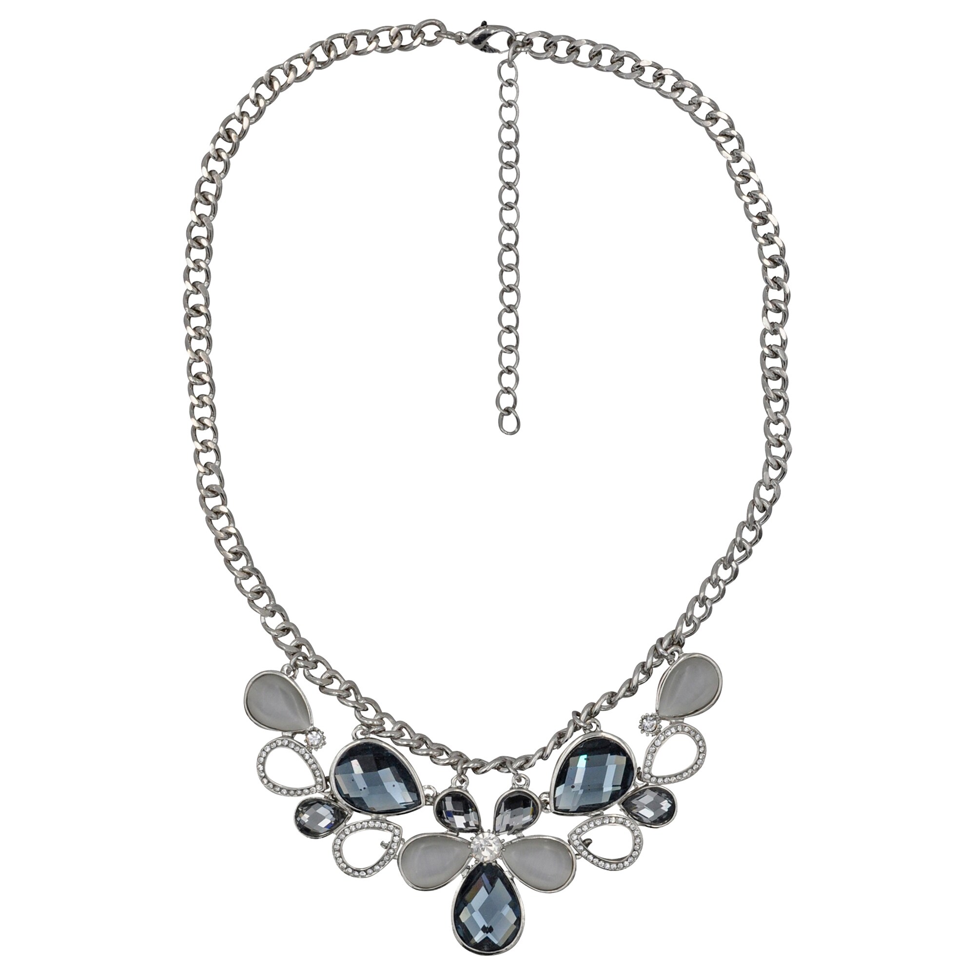Steuer Modeschmuck Halskette Metall silberfarben mit Blüten-Zierde grau/weiß