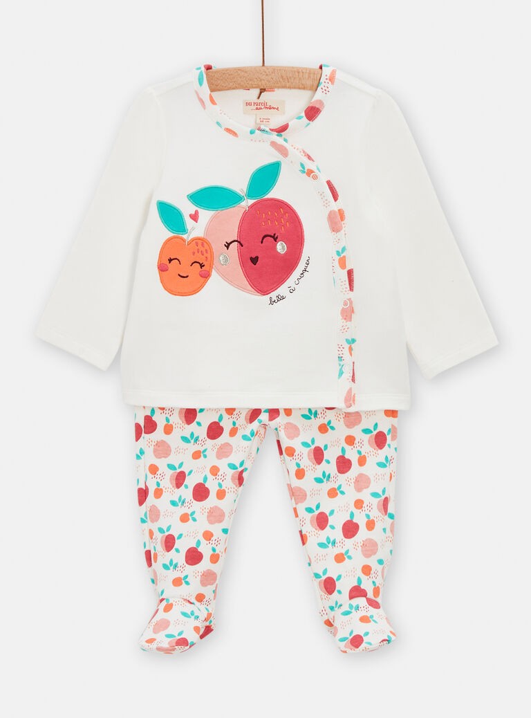 Pyjama en côtes écru animation pêches pour bébé fille