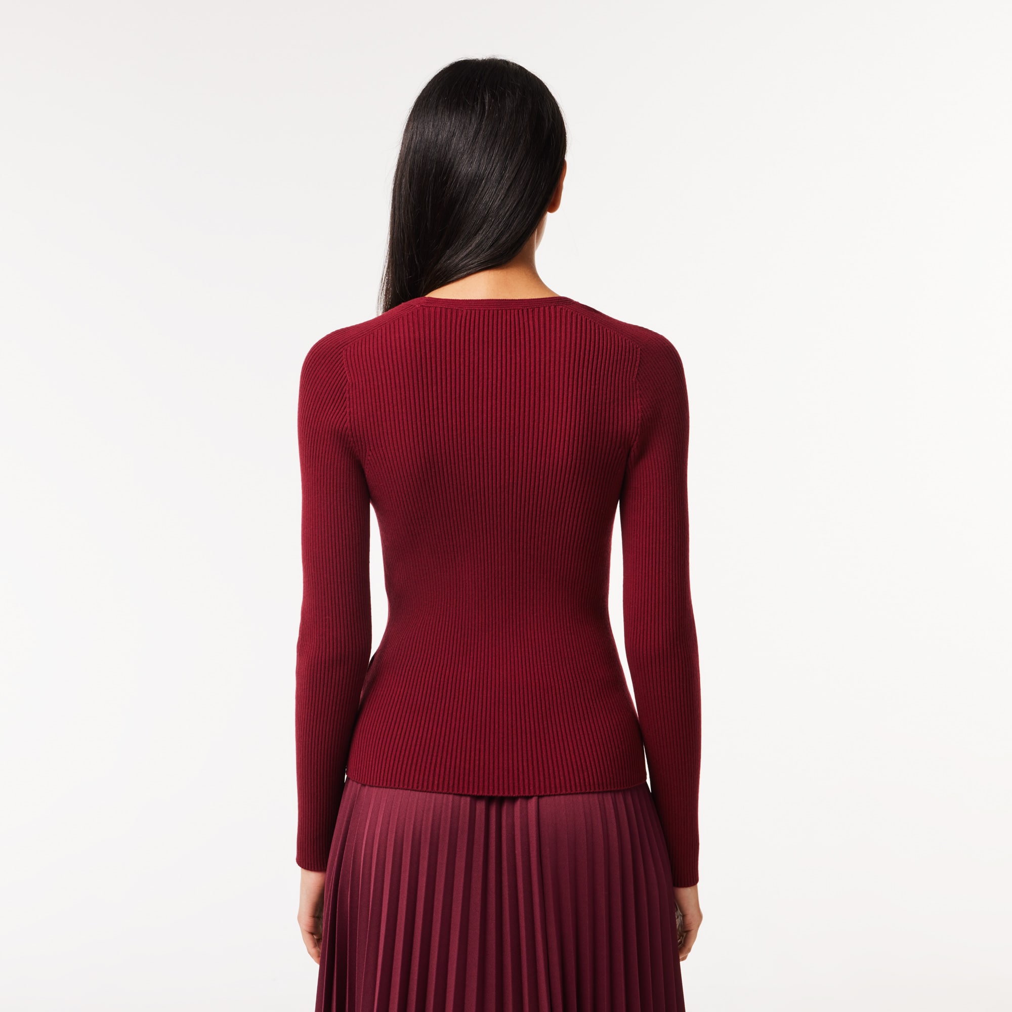 Pull col V en maille côtelée sans couture Pullovers - Rouge - Lacoste - Femme
