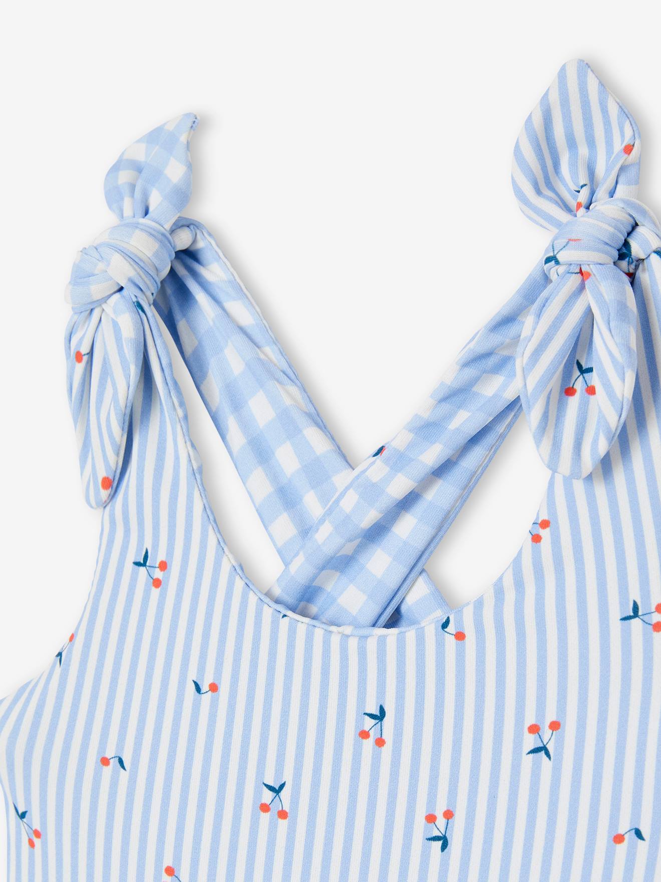 Maiô reversível para bebê menina, xadrez vichy/listras e flores, azul claro