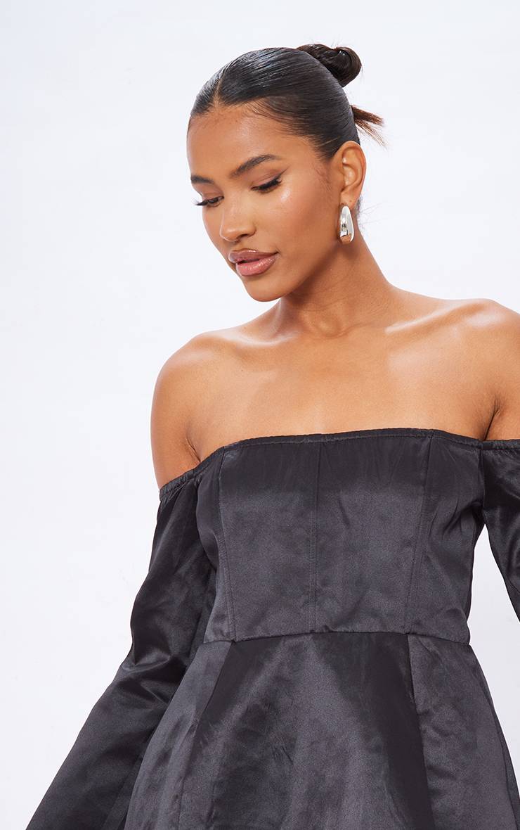 Noir Robe Moulante Corset Bardot En Satin