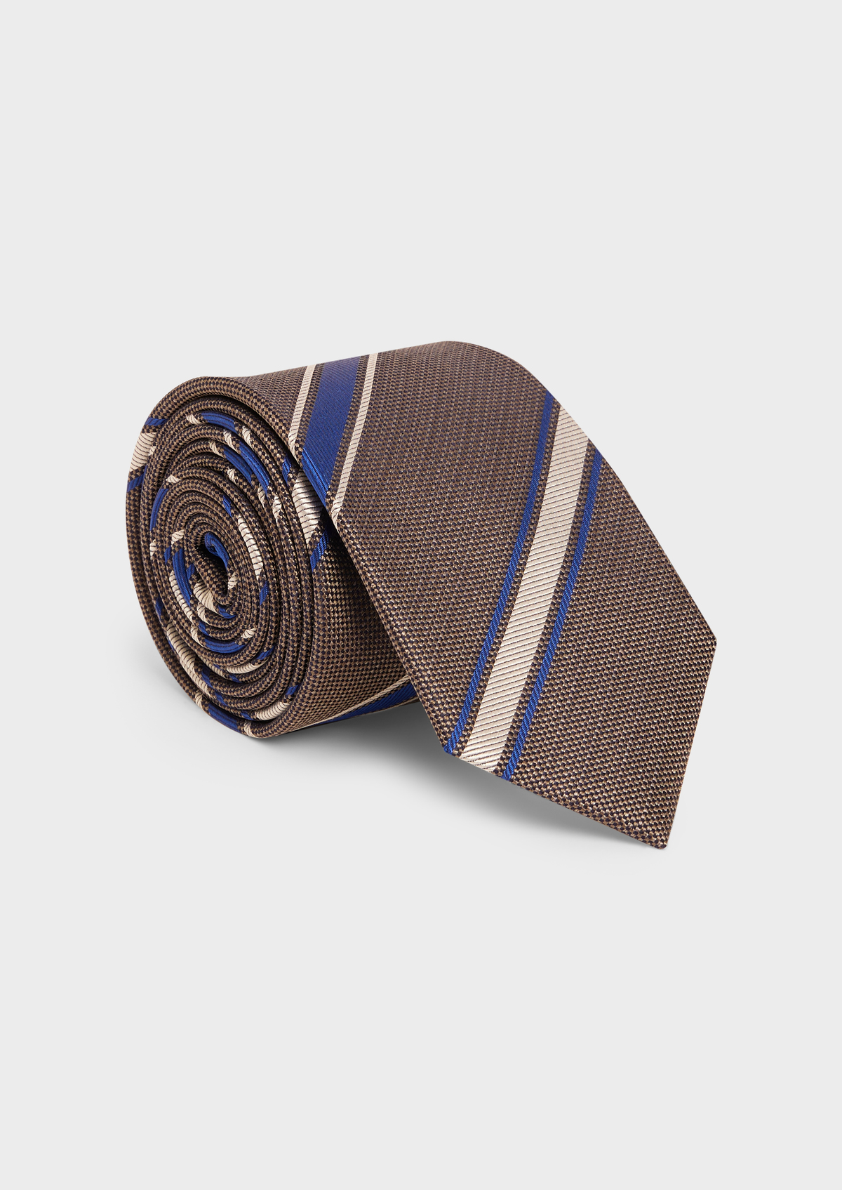 Cravate large en soie marron à rayures bleu cobalt et blanc