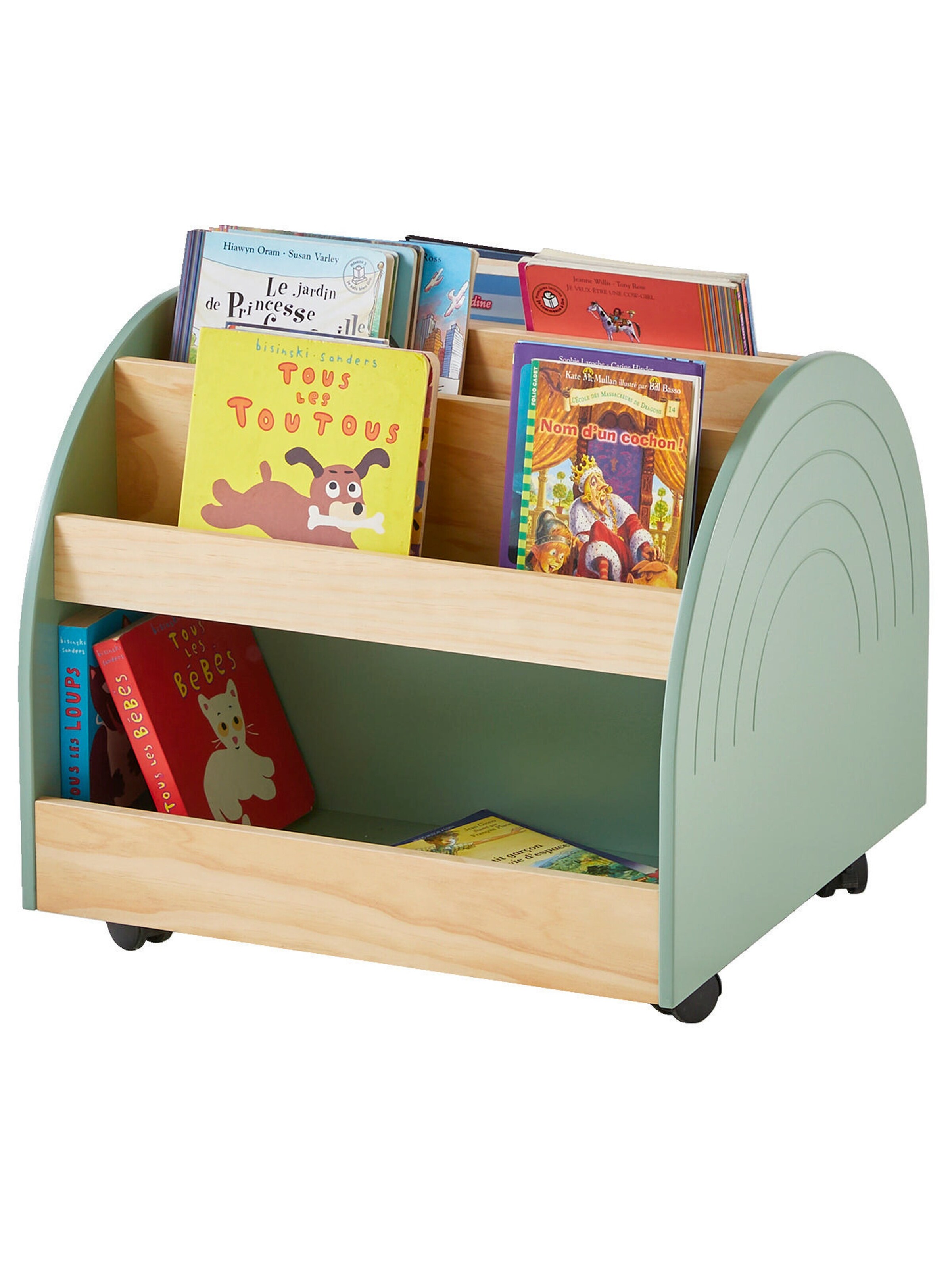 Vertbaudet Kinderzimmer Bücherregal auf Rollen REGENBOGEN salbeigrün