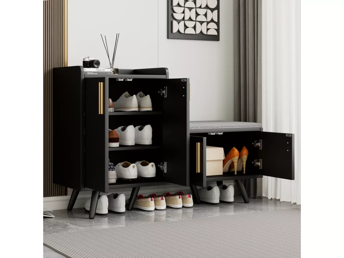 Banc à chaussures moderne avec 4 portes et coussin - pièds et poignées en métal - coloris noir - 120 x 34 x 82 cm