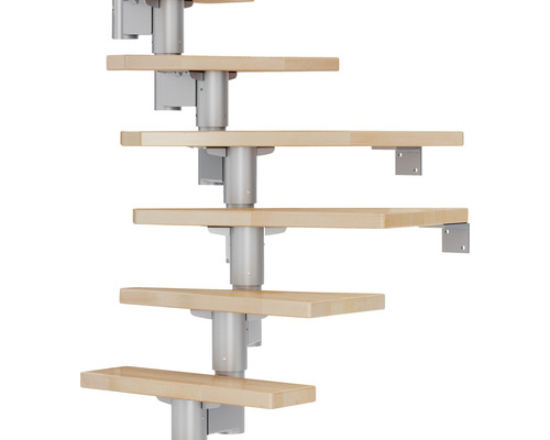 Pertura Spiros middentrap, parelgrijs, kwartslag, links/rechts onder, balustrade 65 cm, beuken gelamineerd hout, gelakt, 11 treden / 12 stootborden