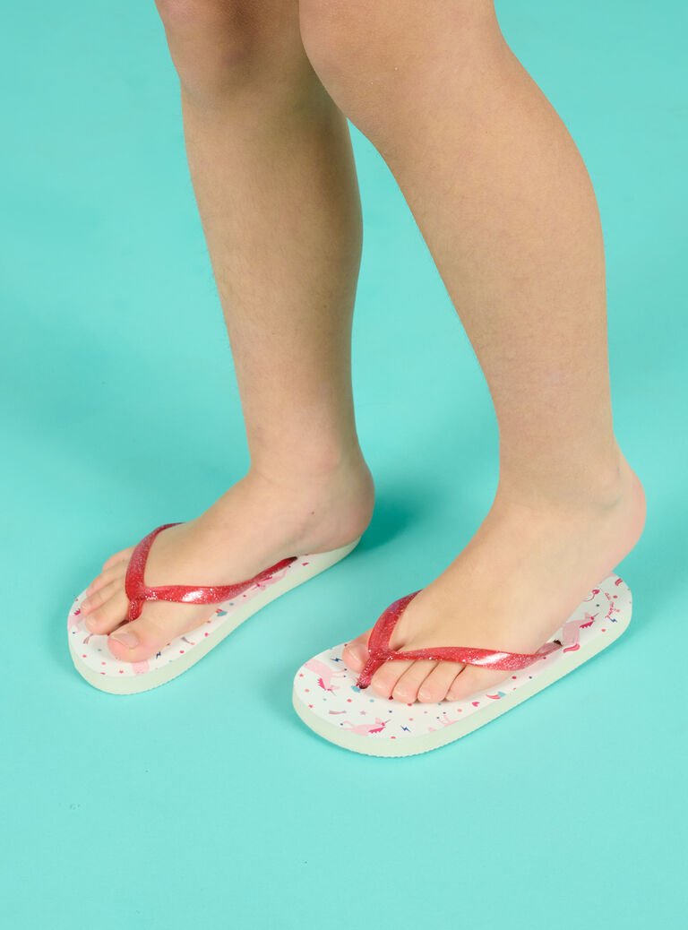Tongs blanches et roses à imprimé licorne et fantaisie enfant fille