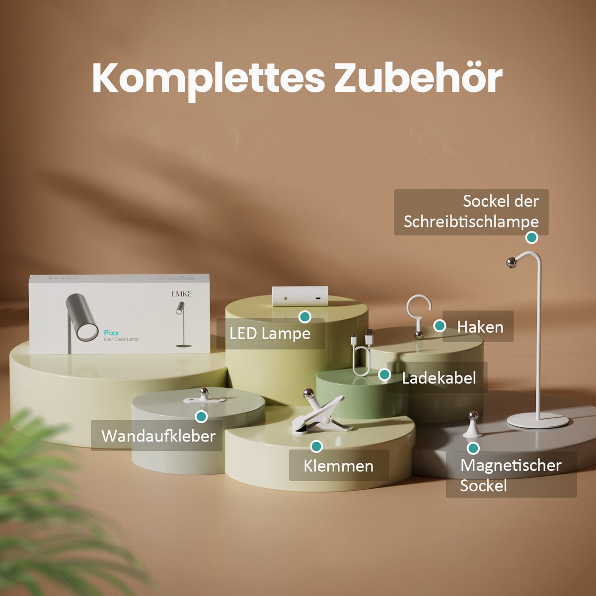 EMKE 6-in-1 LED-tafellamp, draadloos, oplaadbaar en dimbaar, aanraakbediening, 3 kleurmodi, 360° verstelbare magnetische wandlamp, USB-C, IP20, wit - ideaal voor gebruik binnen en buiten