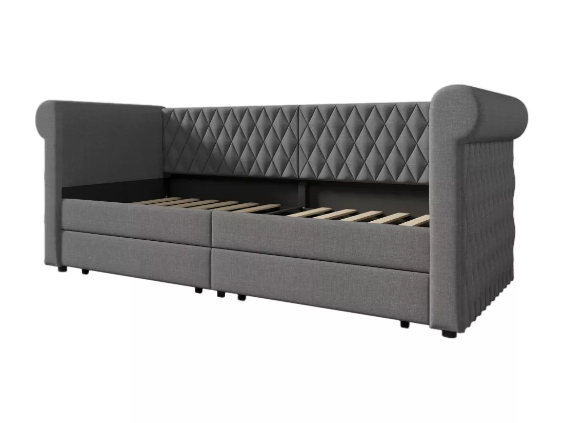 Lit banquette avec 2 tiroirs en tissu lin - 90x200cm - avec sommier à lattes - Gris