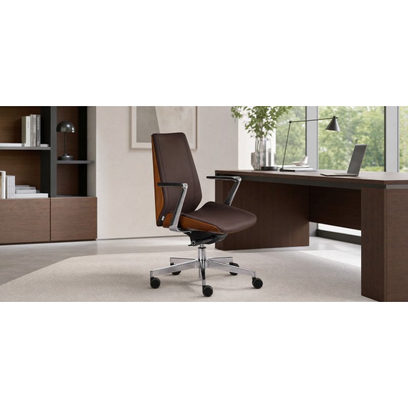 Chaise de bureau ergonomique MOON WOOD simili cuir, placage bois noyer clair, mécanisme synchrone, accoudoirs fixes, pieds en aluminium
