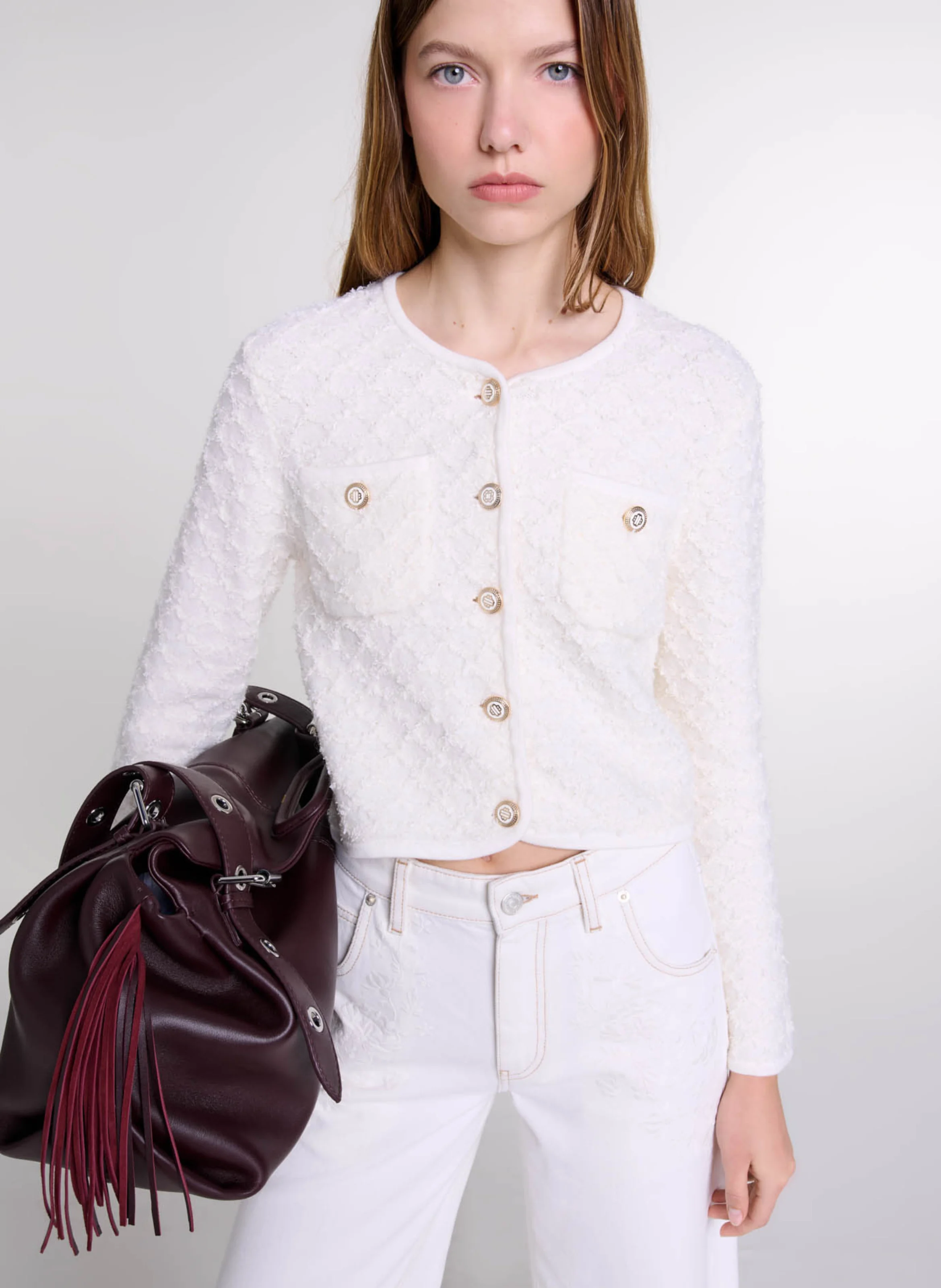 Cardigan col rond droit en maille | Beige