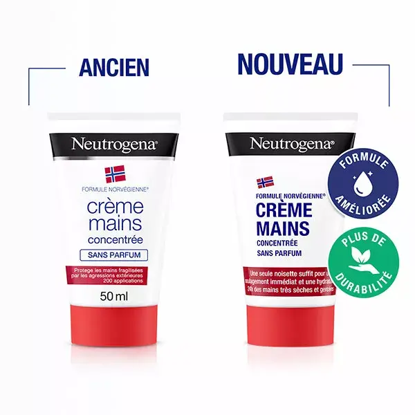 Creme para as mãos concentrado sem perfume Neutrogena, embalagem com 2 unidades de 50ml.