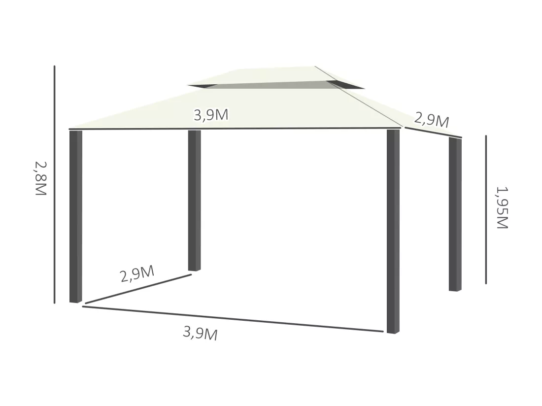 Tonnelle barnum pavillon de jardin style colonial double toit toile moustiquaires et toiles amovibles 3,9L x 2,9l x 2,8H m crème