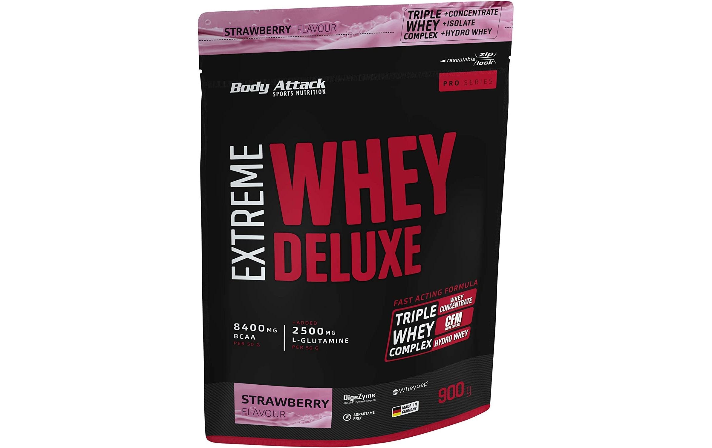 Pulver Extreme Whey Deluxe Erdbeere 900 gMehrkomponentenprotein mit hohem Eiweissgehalt
