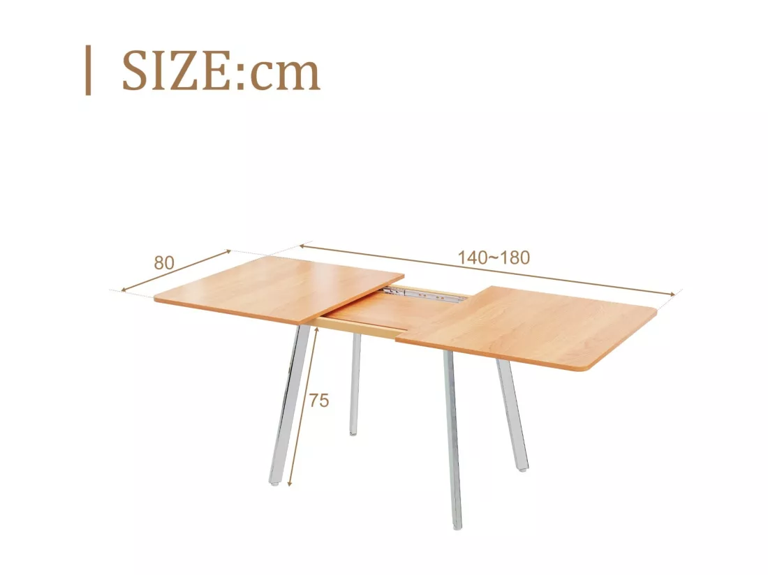 Table à manger extensible en MDF et alliage - 4 à 6 personnes - Naturel et argenté - 140-180x80x75cm