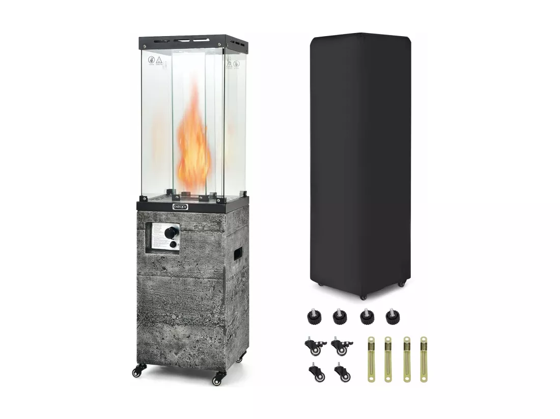 Chauffage de Terrasse Gaz 12 KW en Acier avec Protection Anti-Extinction et 4 Roues, Chauffage Exterieur à Roulettes avec Hosse de Protection