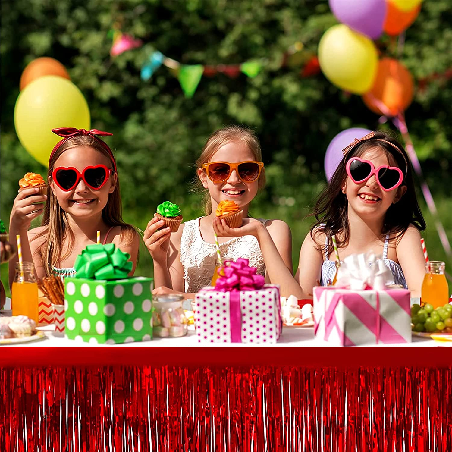 (275x75cm) Party Tisch Deko Metallic Lametta Vorhang Glänzender Fransen Vorhang für Apéro / Esstisch - Rot