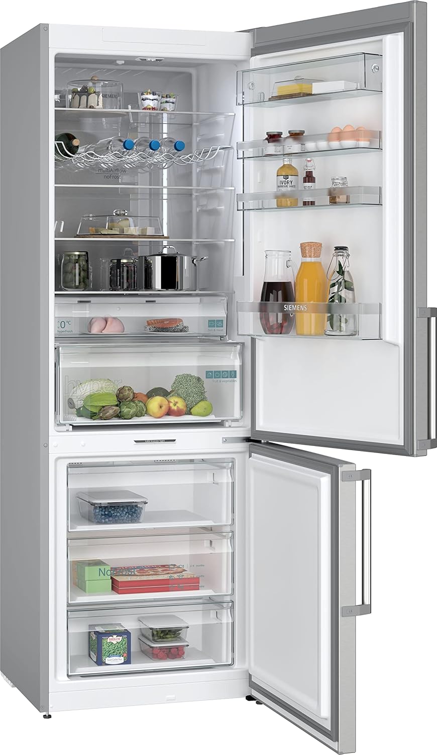 SIEMENS KG49NAIBT, iQ500, Stand-Kühl-Gefrier-Kombination, 203 x 70 cm, 311 L Kühlen & 129 L Gefrieren, Gefrierbereich unten, NoFrost, hyperFresh, freezerLight, Gebürsteter Stahl