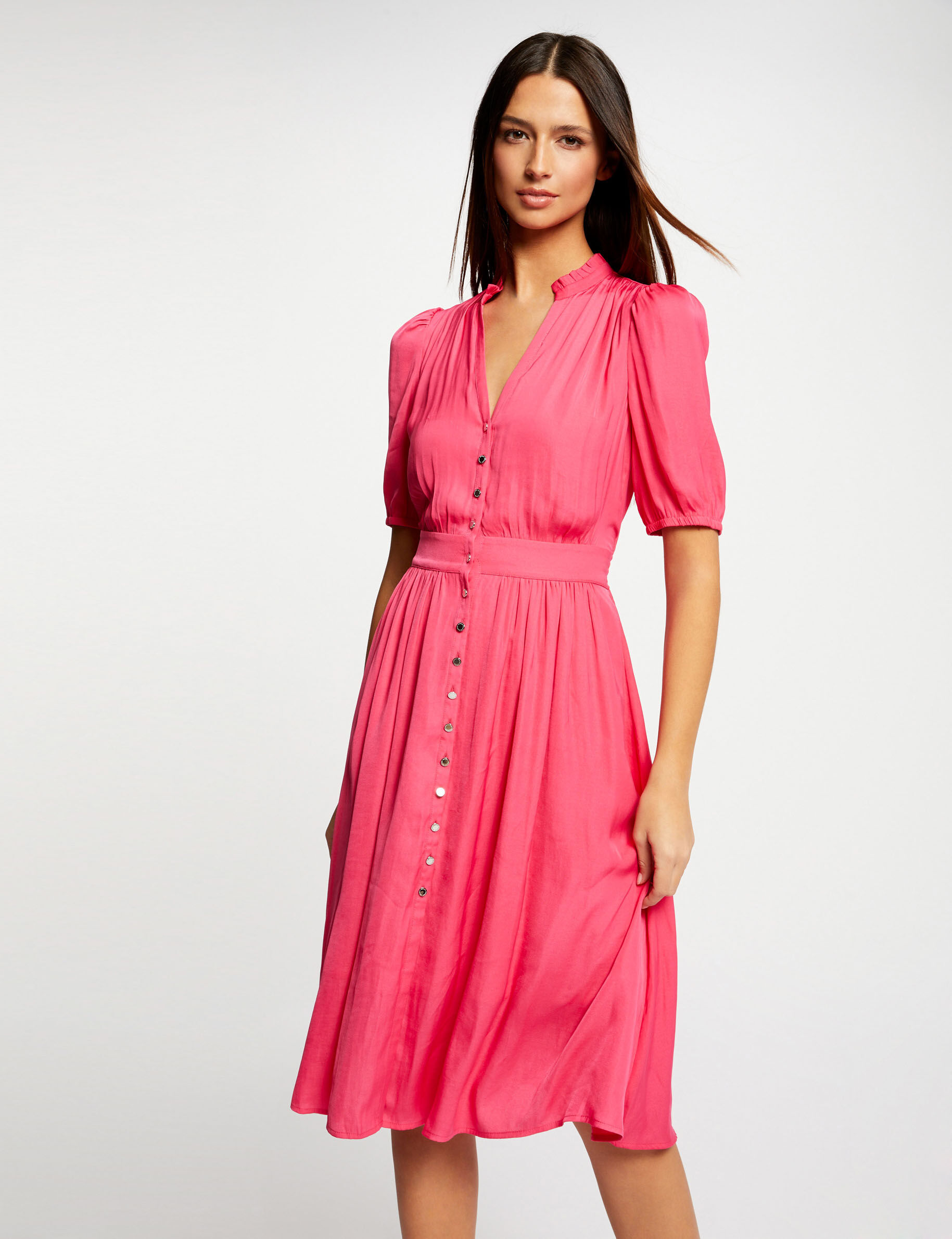 Robe manches 3/4 boutonnée à l\'avant rose moyen femme - rose_moyen