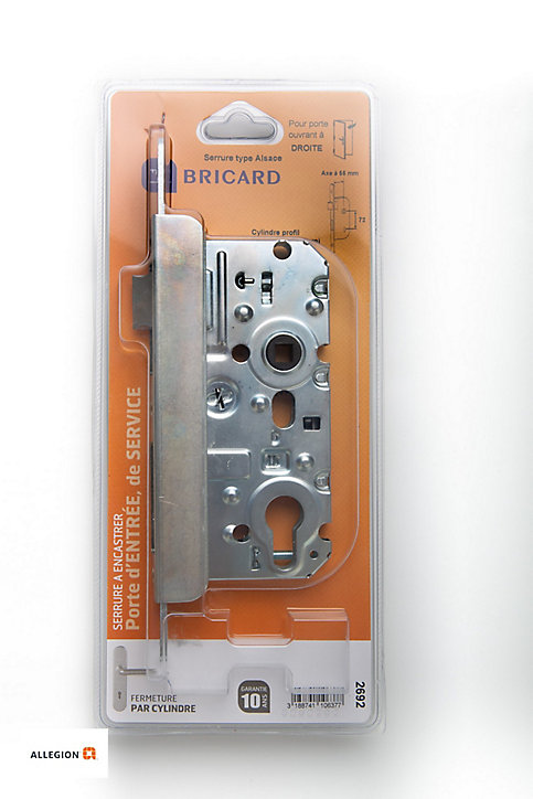 Serrure à mortaiser pêne Bricard axe 55 mm droite, sans cylindre