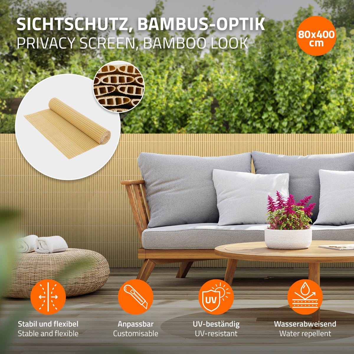 ECD Germany PVC-inkijkschermmat 80x400 cm, bamboe, inkijkscherm met 3-voudige wapening, UV-bestendig, waterdicht, windwerend, balkonbekleding, schuttingscherm, inkijkscherm voor tuin, balkon, terras
