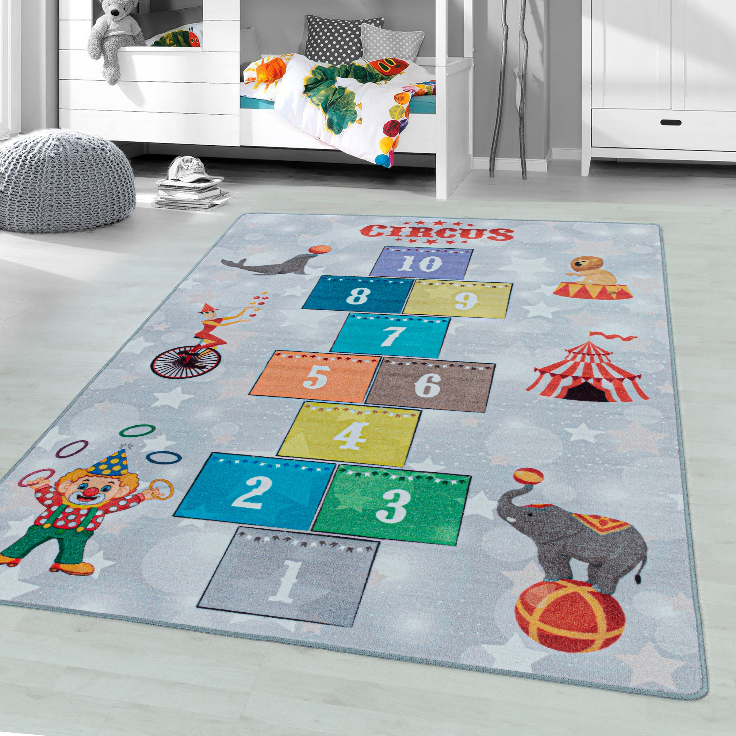 Ayyildiz Teppiche Kinderteppich »PLAY 2909« rechteckig 6 mm Höhe Kurzflor, Zirkus, Clown, Zahlen Spiele Hüpf Teppich, Kinderzimmer