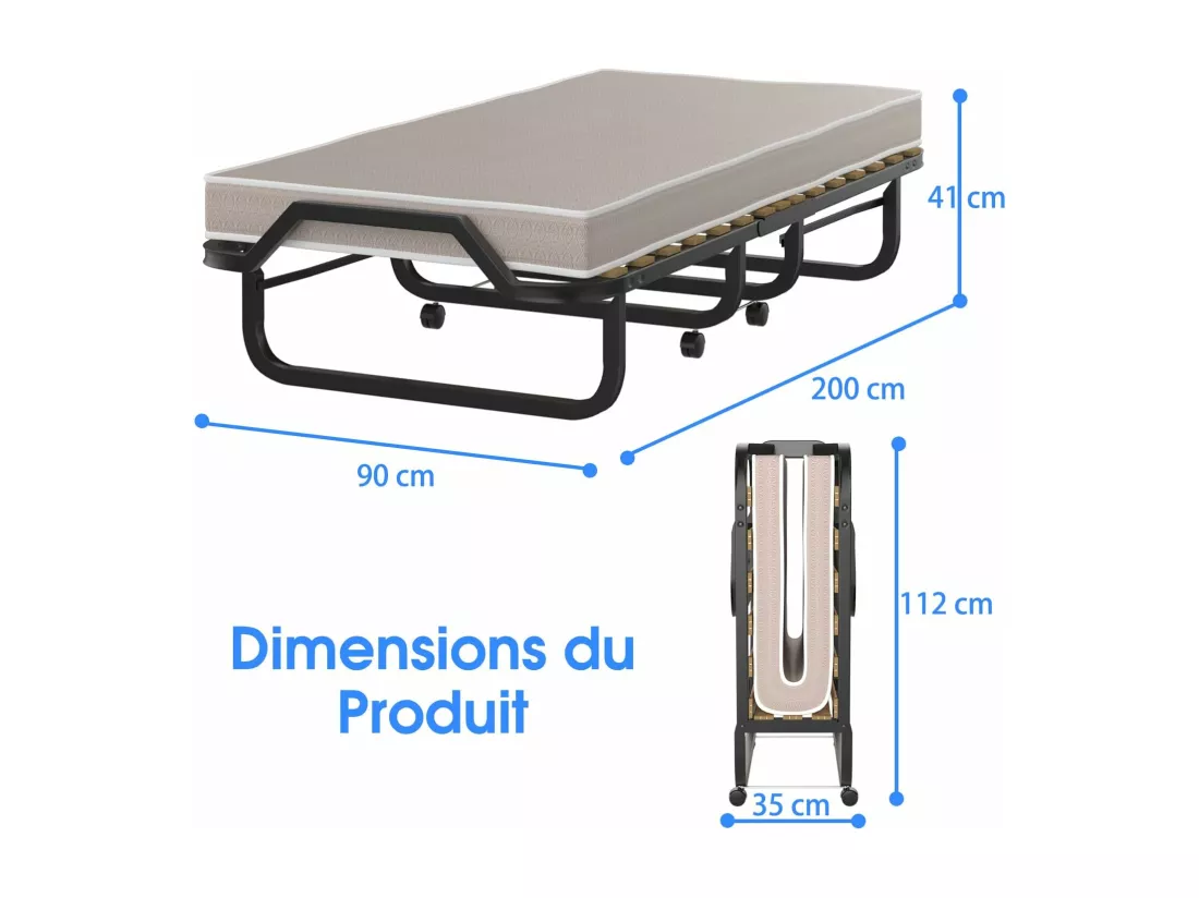 Lit Pliant, Lit Pliant d'Appoint avec Matelas en Mousse de 10 cm Épais, Lit Portable sur roulettes avec Structure Stable, pour Maison, Bureau et Camping, Fabriqué en Italie