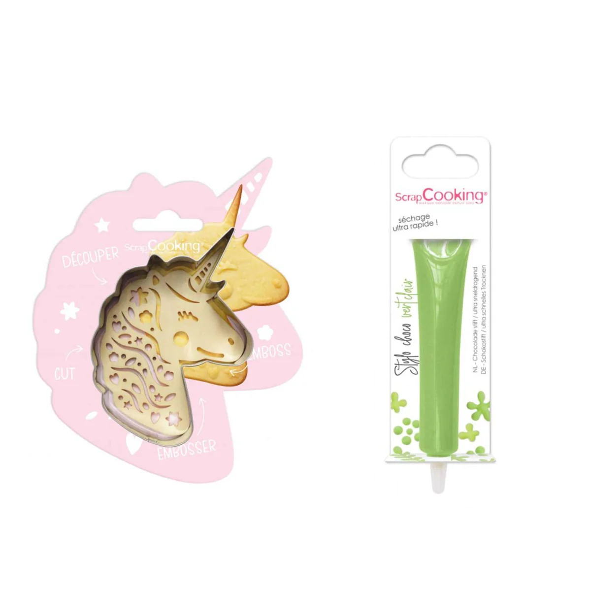 Kit pour biscuit en relief Licorne + Stylo au chocolat vert clair Scra