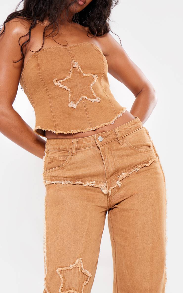 Washed Brown Top Corset Stretch Étoile Appliquée