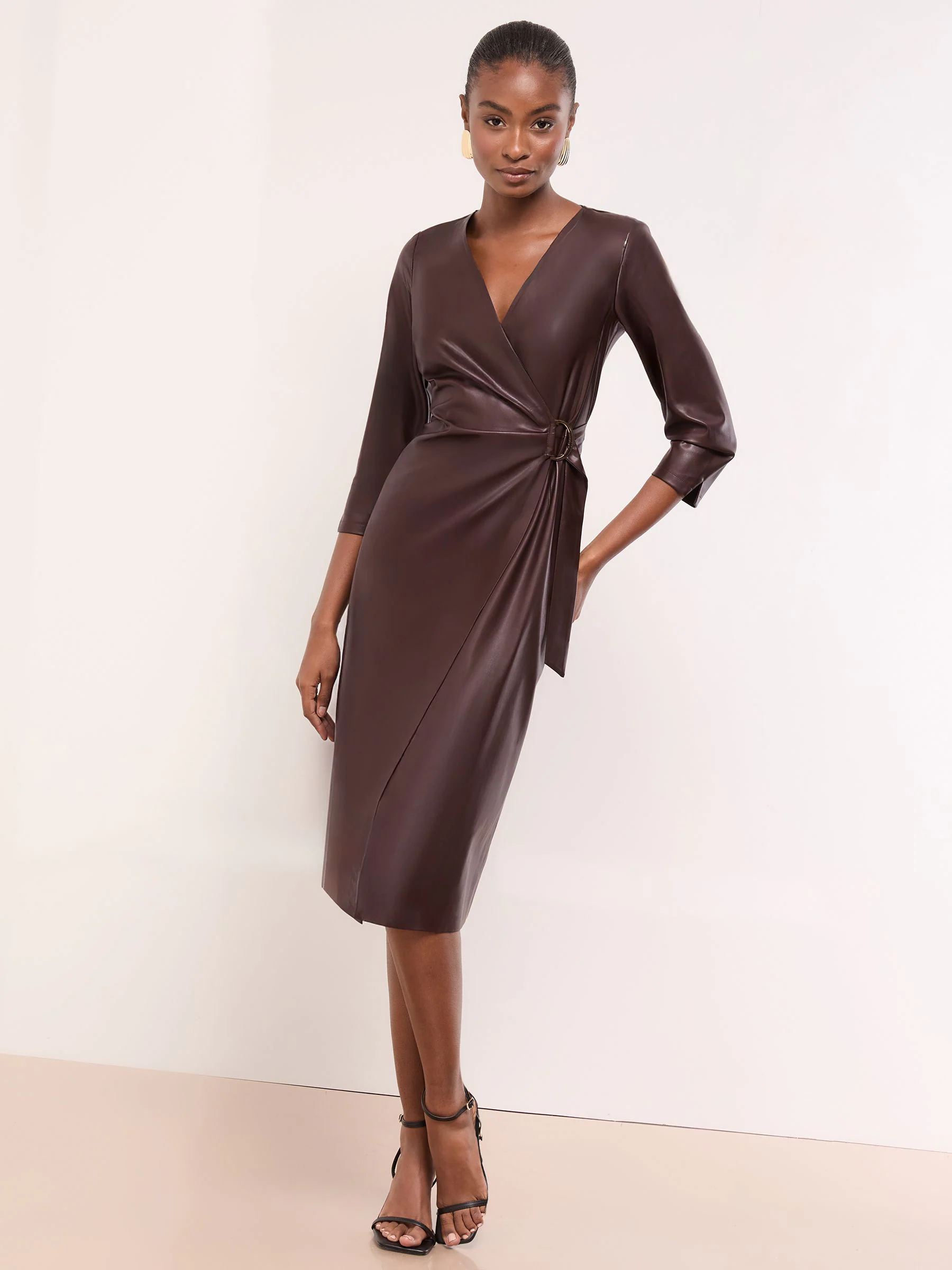 Bordeaux Rood imitatieleer - Lipsy midi-jurk met overslag