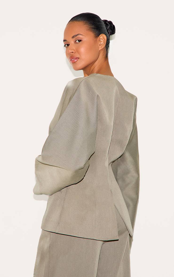 Gris Clair Blazer Ajusté Sans Col En Tissu Tissé Premium Avec Ensemble Coordonné