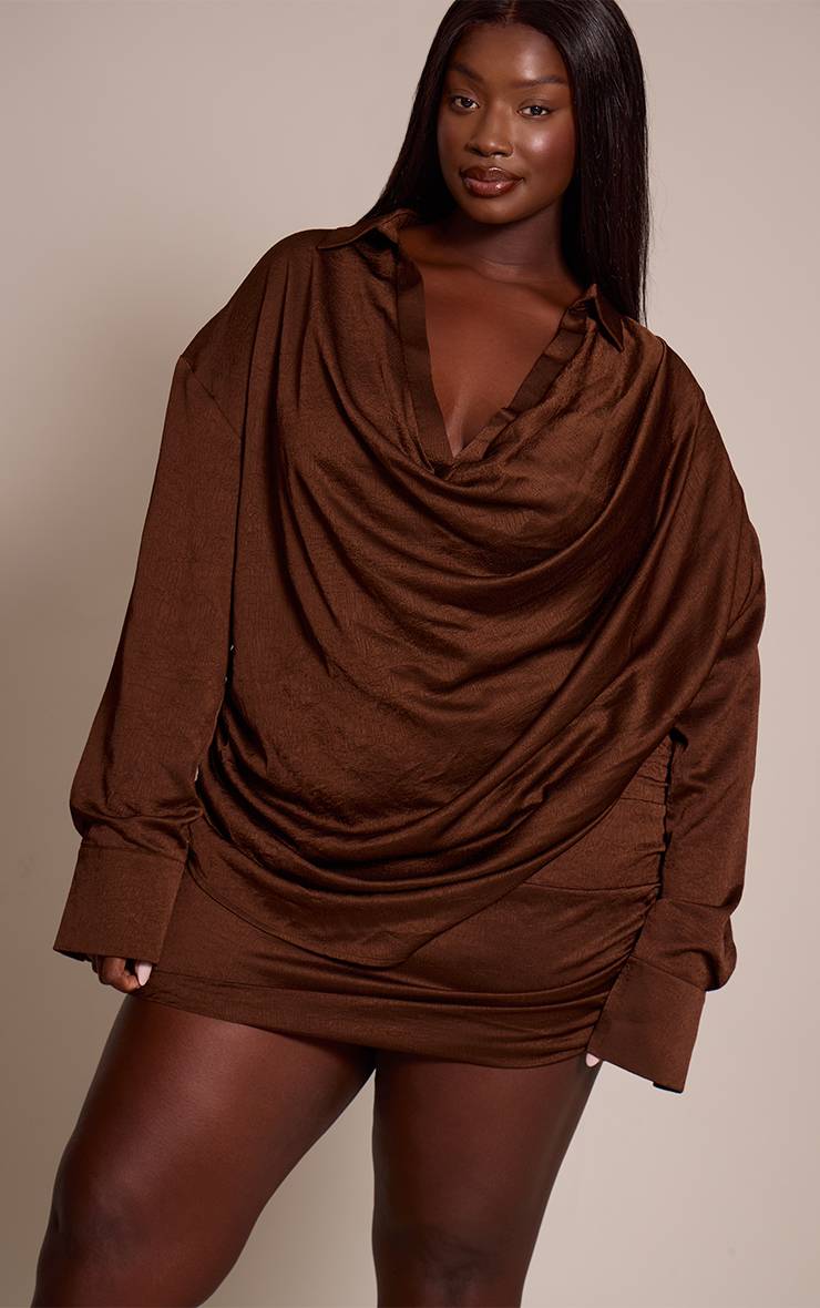 Marron Ensemble Coordonné Jupe Courte Satinée Texturée Froncée Grande Taille