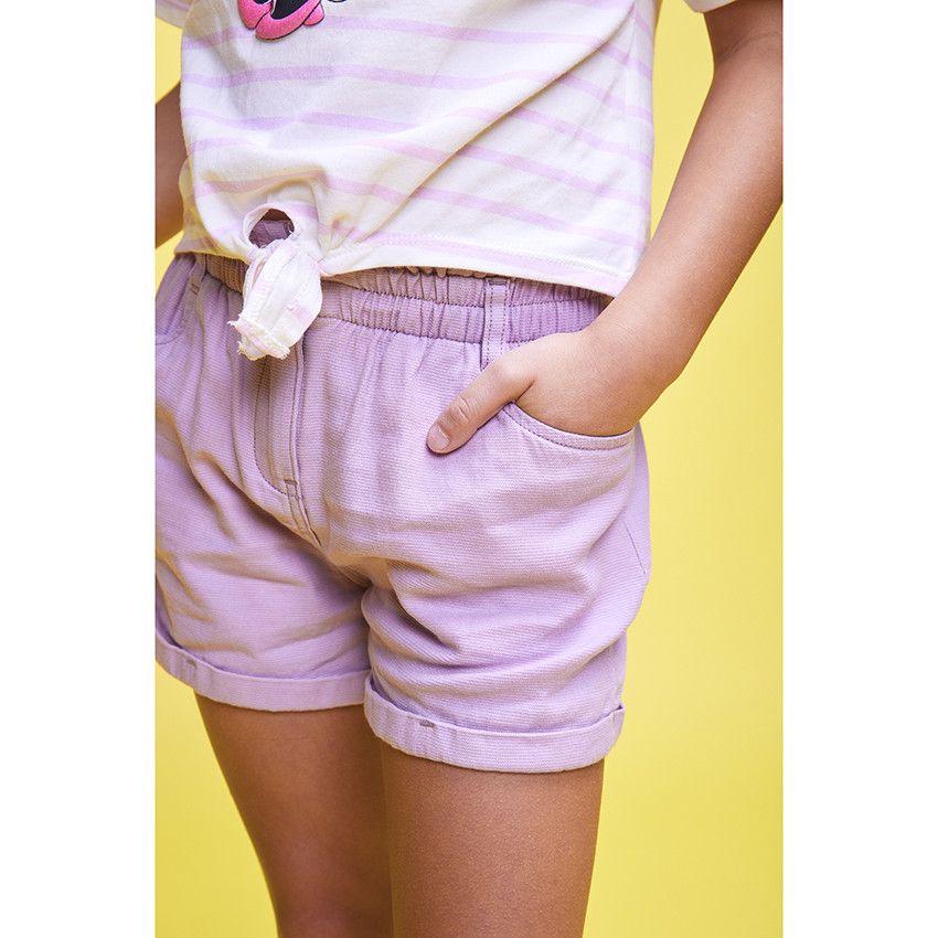 Short taille haute uni en coton fantaisie pour fille - Rose