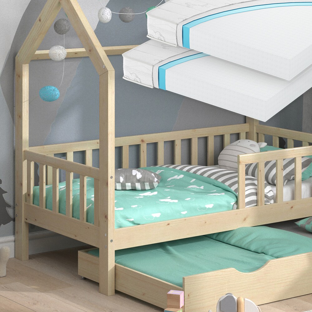 VitaliSpa Kinderbett Hausbett Gästebett Wiki Natur 80x160cm Schublade Matratzen