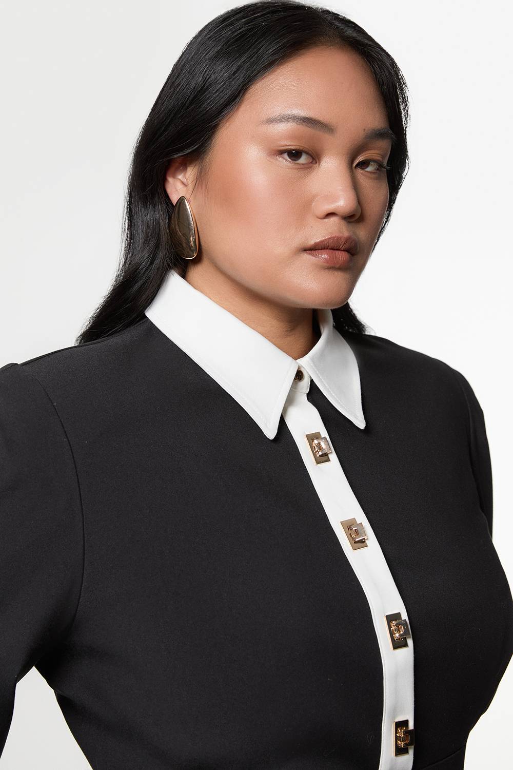 KarenMillen Robe Maxi Tissée en Coton Techno Grande Taille Avec Patte de Boutonnage Contrastante