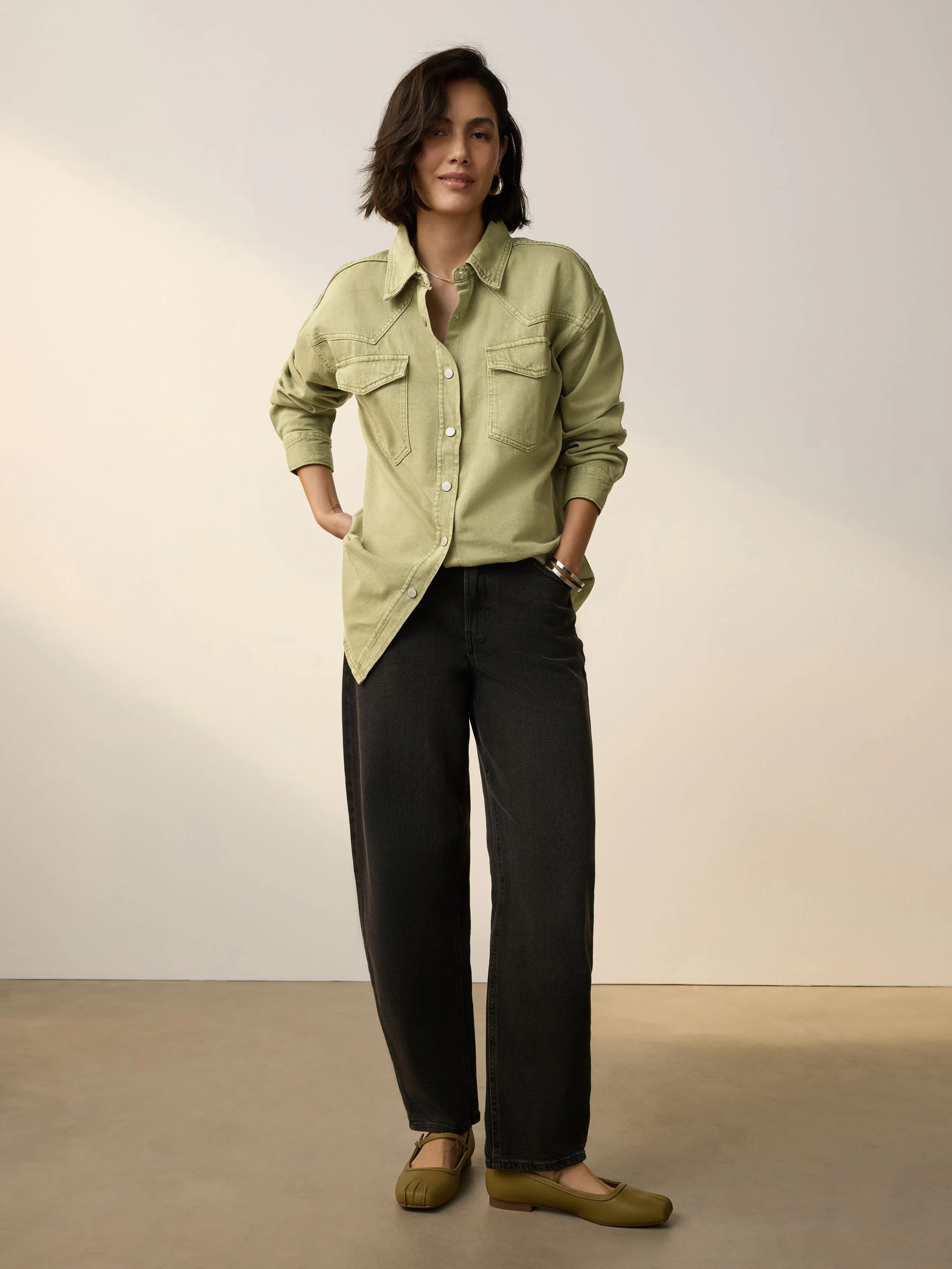 Mid Blue and Khaki Green - Oversized Denim Shirts 2 Pack