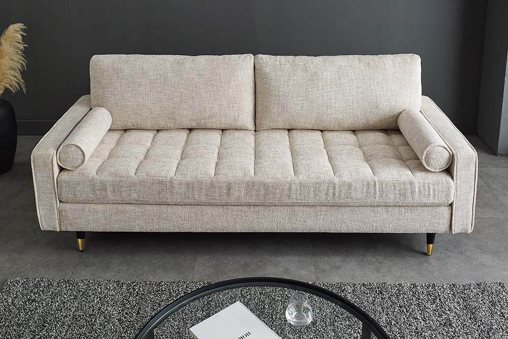 Design Sofa COZY VELVET 220cm beige Chenille Federkern 3-Sitzer mit goldener Kappe