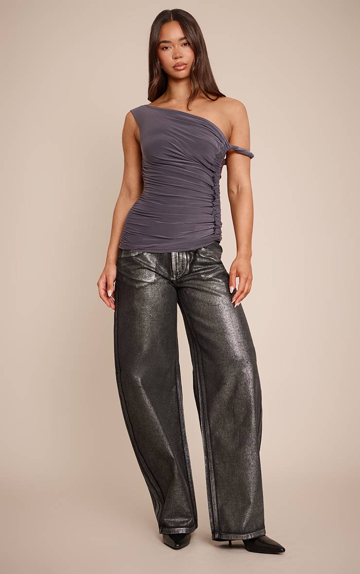 Noir Jean Barrel Taille Mi-haute À Revêtement Métallisé