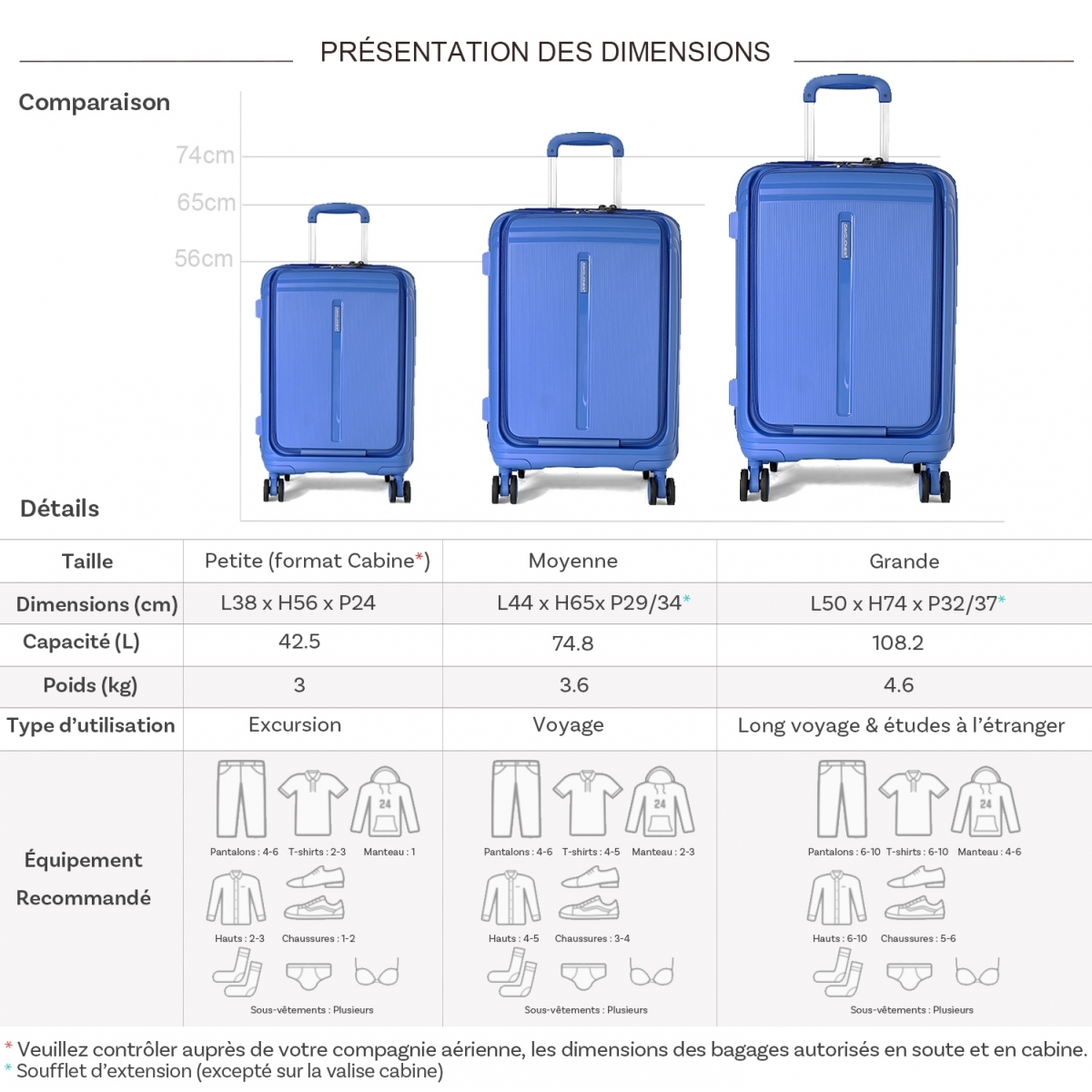 David Jones Lot 3 valises rigides extensibles dont 1 cabine porte-ordinateur 17