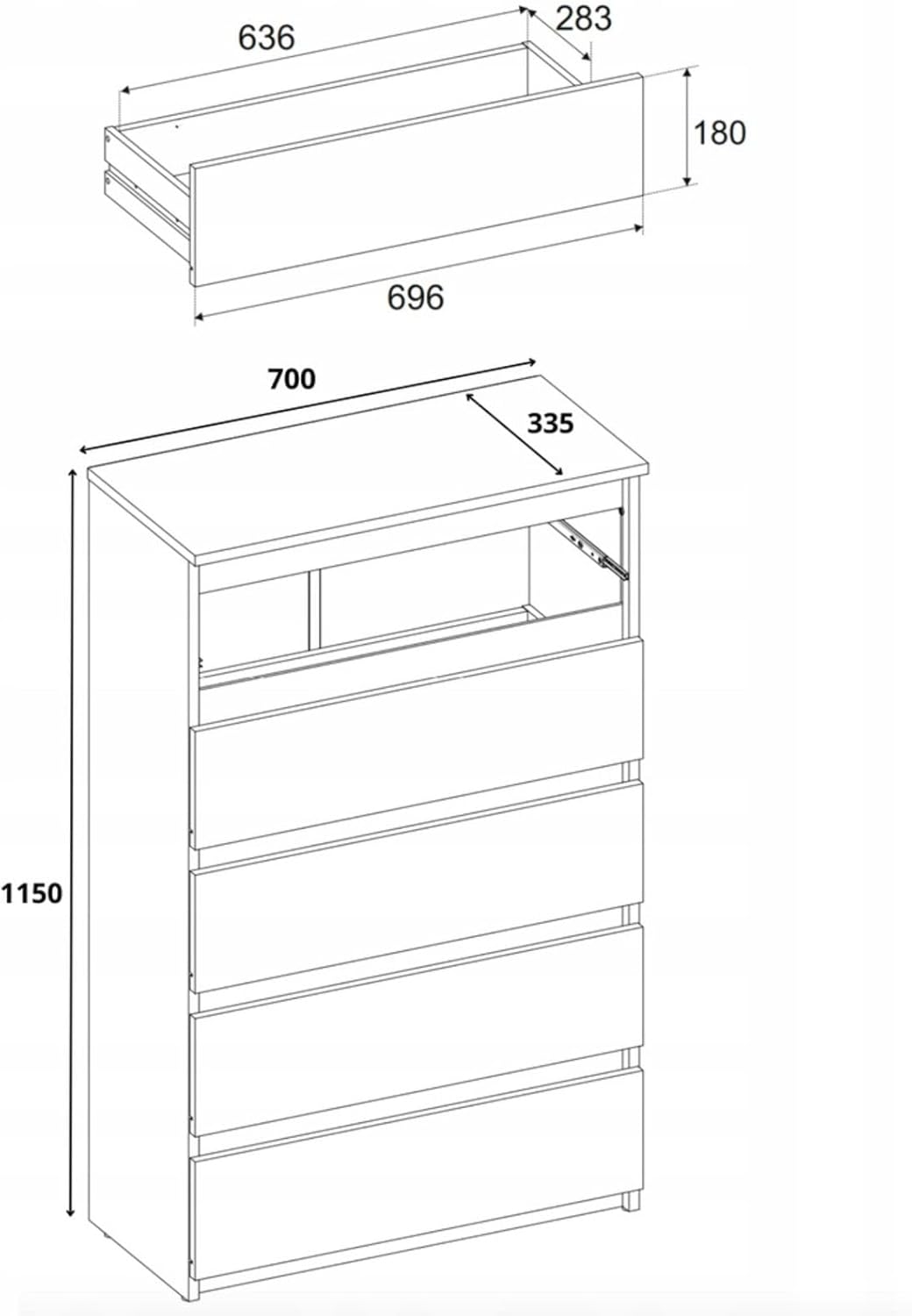 Kommode mit 5 Schubladen - Holz Sideboard 70x115x33,5 cm (B/H/T) - Schmale Kommode für Schlafzimmer & Flur - Regal mit Schubladen - Schrank mit Schubladen - Modernes Möbelstück (Sonoma)