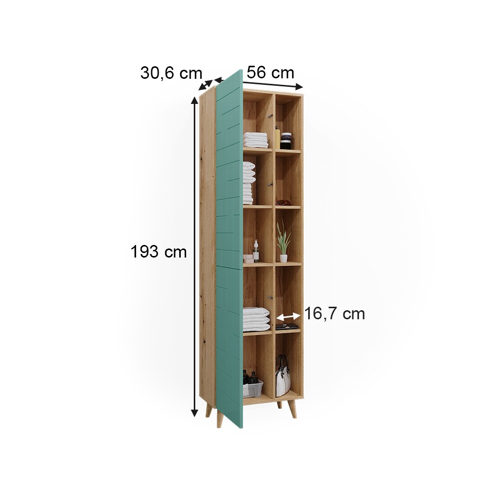 Vicco Hochschrank für Badezimmer Rudi 56 x 193 cm, Eiche Evoke Mintgrün, Badschrank
