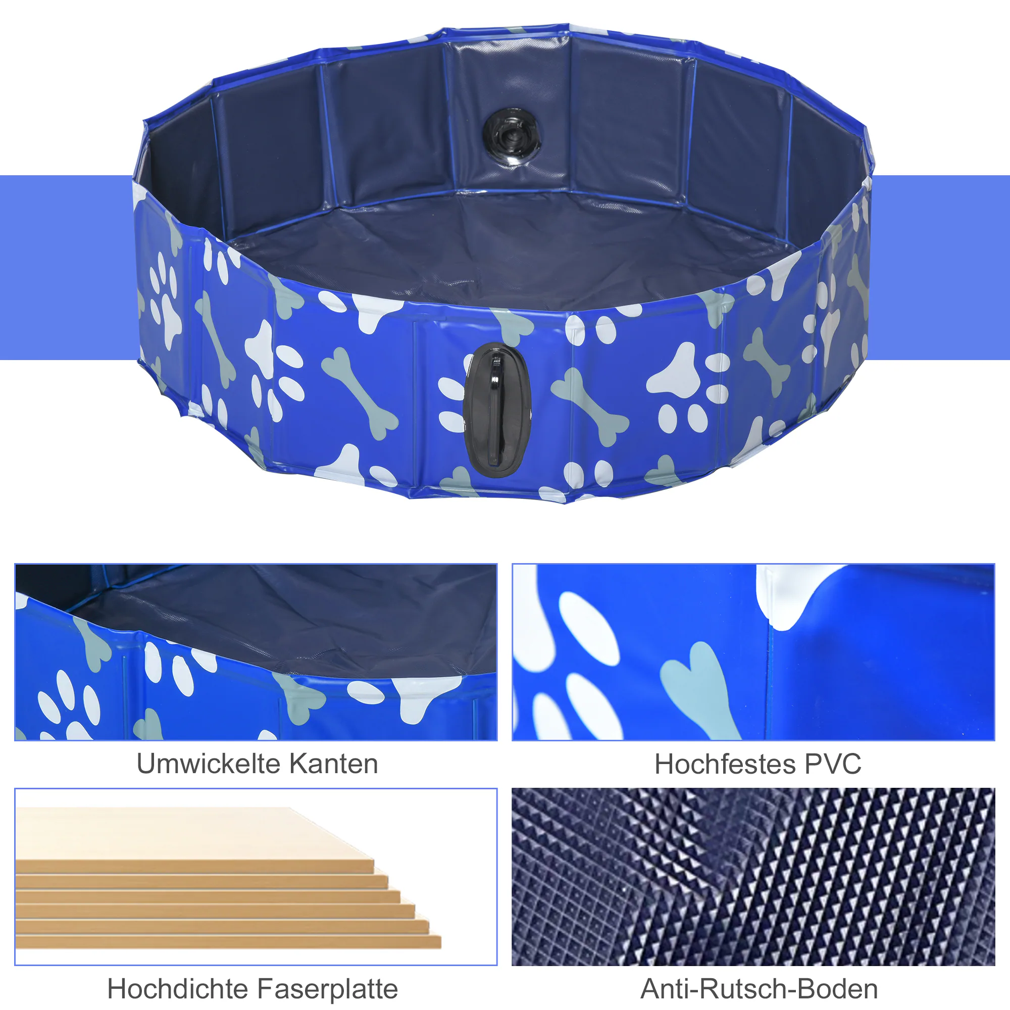 PawHut Hundepool mit Wasserablassventil blau Ø80 x 20H cm
