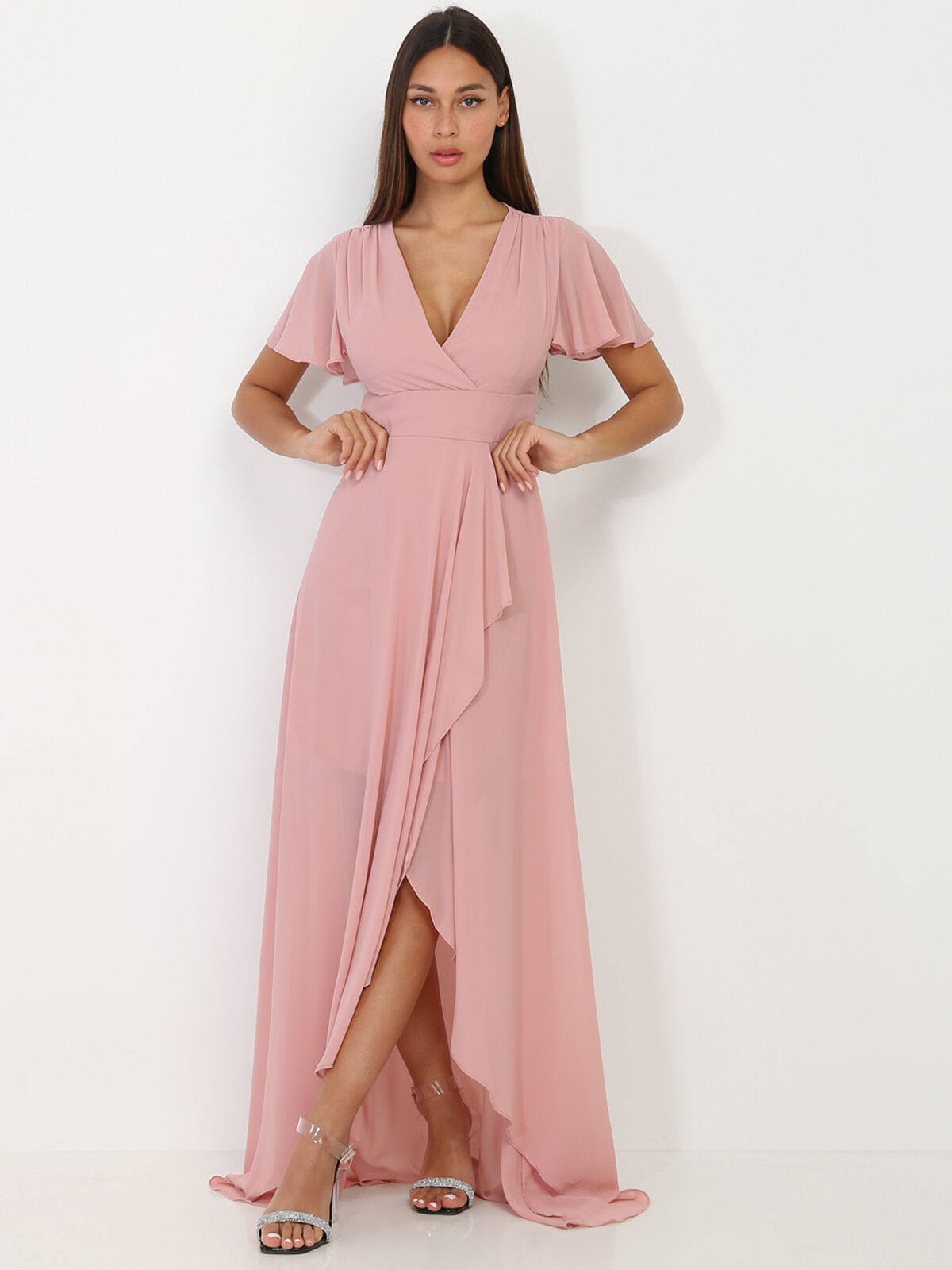 Robe portefeuille à manches papillons- Vieux rose