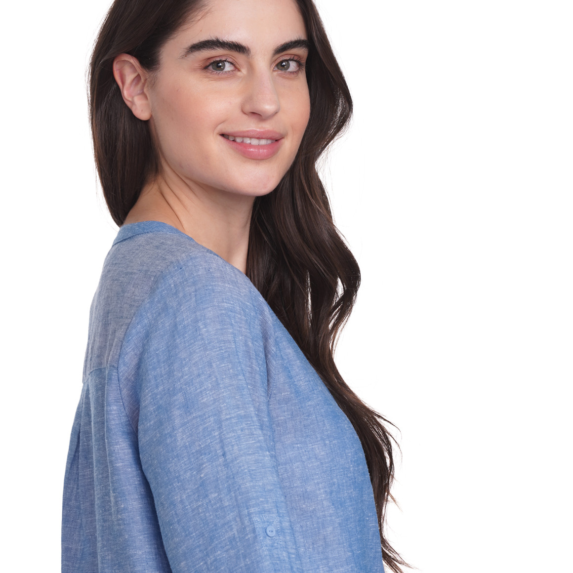 Gina Damen Leinen-Bluse mit Serafino-Ausschnitt blau