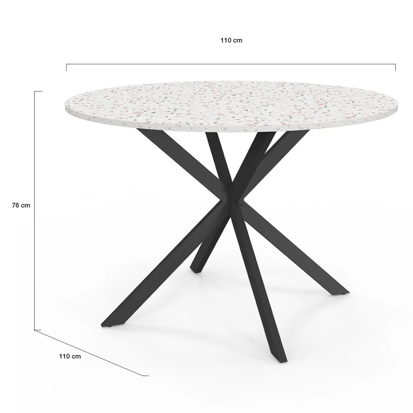 Table à manger ronde ALIX 6 personnes pied araignée noir plateau effet terrazzo SIMONE  110 cm