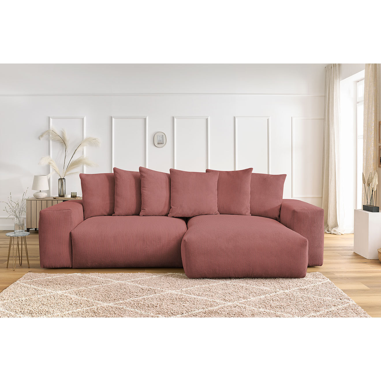 Bobochic Canapé d'angle réversible ultra moelleux voltaire velours côtelé rose - 310x174x75 cm