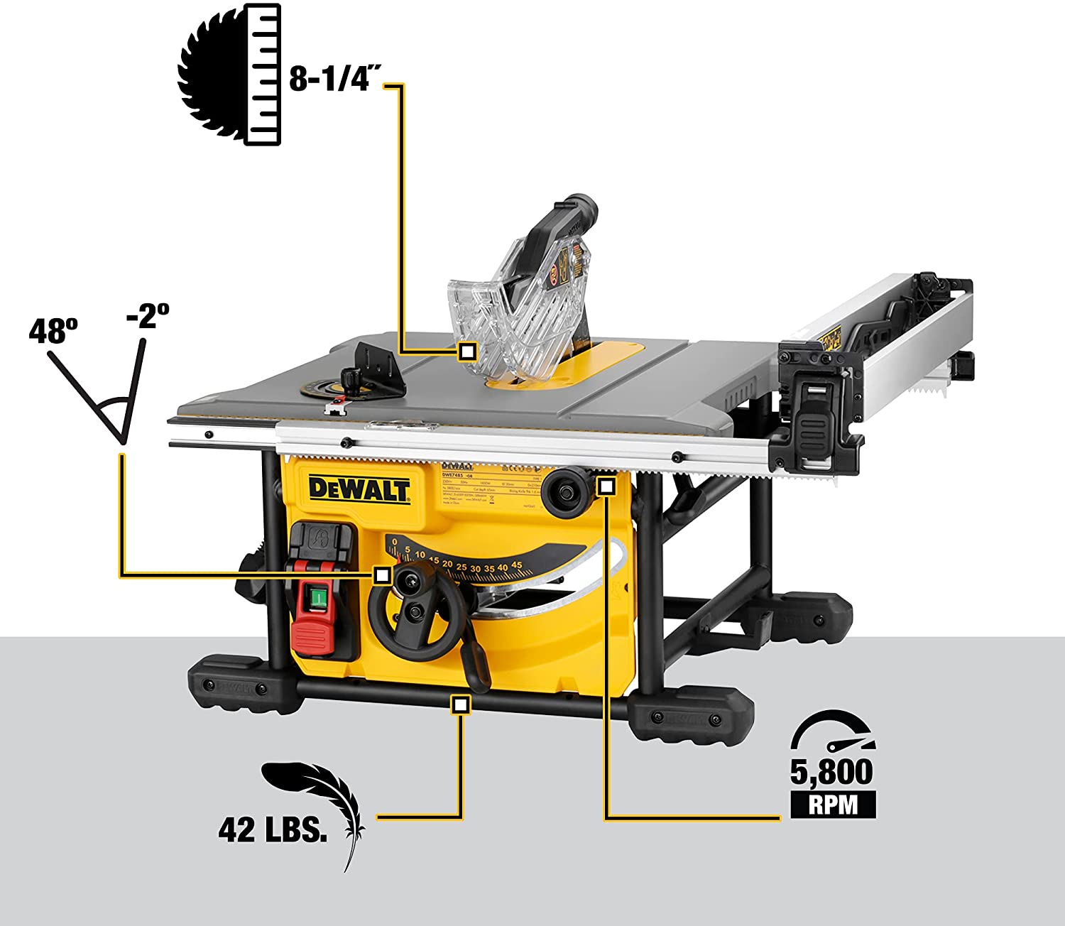 Serra de mesa DEWALT para canteiro de obras, compacta, 8-1/4 polegadas (DWE7485)